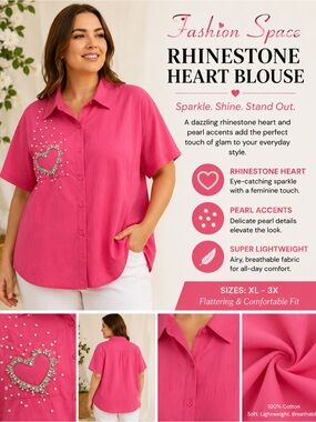 Rhinestone Heart Button-Down Shirt - Hot Pink